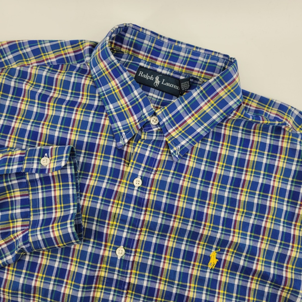 Ralph Lauren Button Down Shirt XXL Blue Plaid Cotton‎ Long Sleeve Mens